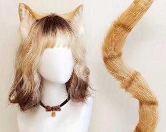 Handgemachte Ingwer Orange Tabby Katze Kunstpelz Ohren Schwanz Perücke Choker Set Kemonomimi Cosplay Kawaii Geschenk Anime Halloween Fantasy Kostüm Accessoire