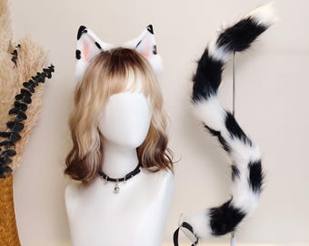 Set di collana con orecchie e coda da gatto realistiche in pelliccia sintetica bianca e nera, costume da gattino per giochi di ruolo, accessorio cosplay fatto a mano per fan furry, regalo Kemonomimi