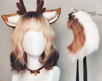 Handmade Eco Friendly Deer Antler Ears Tail Collar Wig Set Cosplay Costume Gift for her Valentine Birthday New Year Party Live Stream