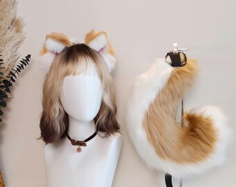 Realistic Tan&White Corgi Ear Tail Set with Wig Choker Handmade Kemonomimi Cosplay Costume Furry Accessory Gift for Anime Convention Outfit
