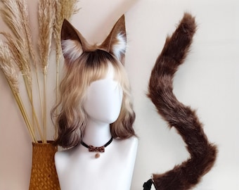 Conjunto de orejas, cola y gargantilla de piel sintética de gato Maine Coon marrón oscuro, regalo de anime, cosplay, juego, fiesta, transmisión en vivo, accesorio para fans de los furries kemonomimi