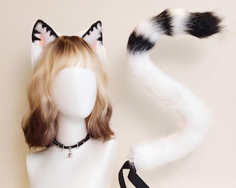 Faux Fur Black White Cat Ear Headband Tail Wig Collar Paw Sleeve Set Kemonomimi Cosplay Costume Gifts for Her Anime Furry Fantasy Cat Lovers