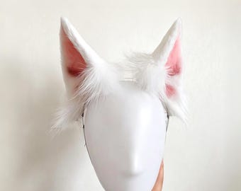 Conjunto de peruca com orelhas de raposa branca semirrealistas em pele sintética, estilo kawaii kemonomimi, fantasia, anime, cosplay, presente para ela, gamer, streamer, orelhas de neko.
