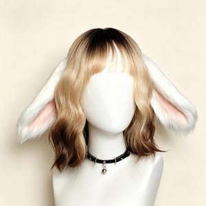 Handmade White Pink Lop Bunny Faux Fur Ears Tail Headband Clip Set Kawaii Kemonomimi Cosplay Anime Halloween Custom Color Costume Accessory