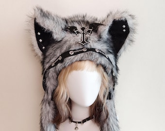 Kawaii Faux Fur Cat Ear Hat Curly Tail Choker Set Furry Cosplay Outfit Goth Punk Cat Costume Gift for Cosplay Party Festival Rave Streamer