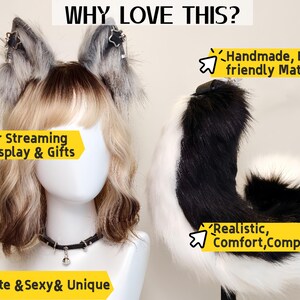 K&ouml;nnte beinhalten: Ein Set aus grauen Kunstfell-Tierohren mit Sternanh&auml;ngern, einem schwarzen Halsband mit silberner Glocke und einem schwarz-wei&szlig;en Kunstfellschwanz. Das Bild enth&auml;lt den Text WHY LOVE THIS, Handmade, Eco-friendly Materials, for Streaming Cosplay & Gifts, Realistic, Comfort, Compatibility und Cute & Sexy & Unique.