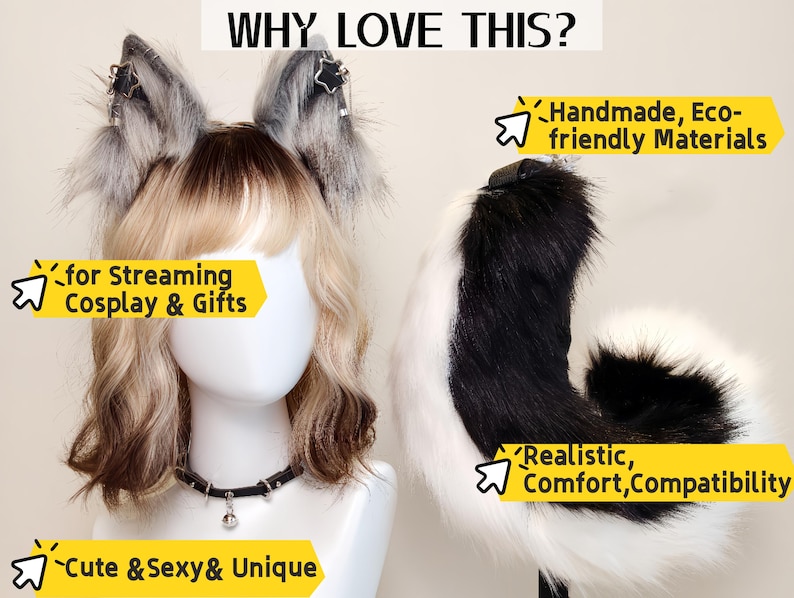 K&ouml;nnte beinhalten: Ein Set aus grauen Kunstfell-Tierohren mit Sternanh&auml;ngern, einem schwarzen Halsband mit silberner Glocke und einem schwarz-wei&szlig;en Kunstfellschwanz. Das Bild enth&auml;lt den Text WHY LOVE THIS, Handmade, Eco-friendly Materials, for Streaming Cosplay & Gifts, Realistic, Comfort, Compatibility und Cute & Sexy & Unique.