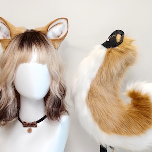 Realistic Tan Fox Faux Fur Ears Tail Wig Choker Set Furry Cosplay Gift Anime Convention Party Live Stream Kawaii Outfit US No Import Fees