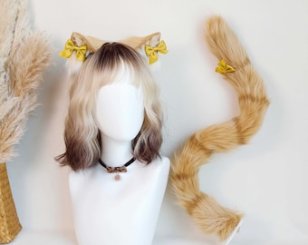 Handmade Gold Bow Tabby Cat Faux Fur Ears Tail Wig Choker Set Kemonomimi Cosplay Kawaii Gift Anime Halloween Fantasy Woodland Costume