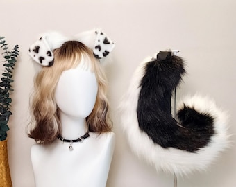 Black White Cow Faux Fur Ears Big Curly Tail Wig Collar Set Kawaii Furry Anime Cosplay Gift Game Roleplay Party Live Stream Outfit For Her
