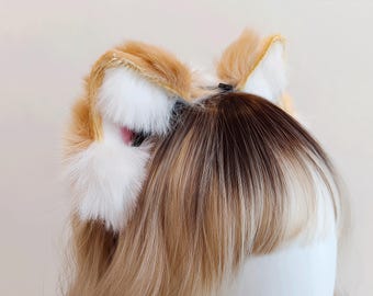 Conjunto realista de orejas y cola de Corgi color canela y blanco con gargantilla para peluca, disfraz de cosplay Kemonomimi hecho a mano, accesorio peludo, regalo para convención de anime.