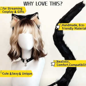 K&ouml;nnte beinhalten: Ein wei&szlig;er Schaufensterpuppenkopf mit einem schwarz-beigen Katzenohren-Haarreif, einem schwarzen Halsband mit kleiner Glocke und einem langen schwarzen Kunstfellschwanz. Der Text lautet: WHY LOVE THIS? for Streaming Cosplay & Gifts, Handmade, Eco-friendly Materials, Realistic, Comfort, Compatibility, Cute & Sexy & Unique.