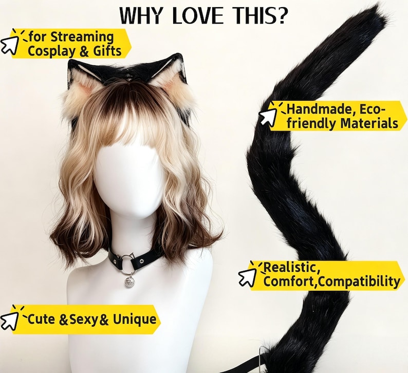 K&ouml;nnte beinhalten: Ein wei&szlig;er Schaufensterpuppenkopf mit einem schwarz-beigen Katzenohren-Haarreif, einem schwarzen Halsband mit kleiner Glocke und einem langen schwarzen Kunstfellschwanz. Der Text lautet: WHY LOVE THIS? for Streaming Cosplay & Gifts, Handmade, Eco-friendly Materials, Realistic, Comfort, Compatibility, Cute & Sexy & Unique.