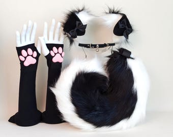 Conjunto de colarinho/gargantilha artesanal com laço, orelhas e rabo de gato em pele sintética, estilo Border Collie preto e branco, ideal para cosplay kemonomimi, presente kawaii, anime e Halloween.