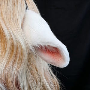 May include: A pair of white faux fur animal ears with soft pink inner detailing, attached to a headband. The ears are positioned against a backdrop of long, wavy, light blonde hair that features subtle streaks of white and darker tones.