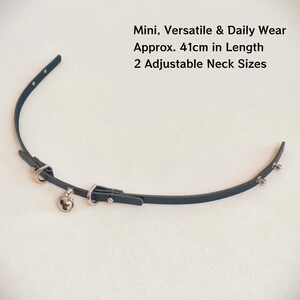K&ouml;nnte beinhalten: Ein dunkelgraues Halsband mit einer kleinen silbernen Glocke, einem D-Ring und silberfarbenen Beschl&auml;gen. Der Text lautet: Mini, Versatile & Daily Wear, Approx. 41cm in Length, 2 Adjustable Neck Sizes. Das Halsband hat einen d&uuml;nnen Riemen mit zwei Nieten.