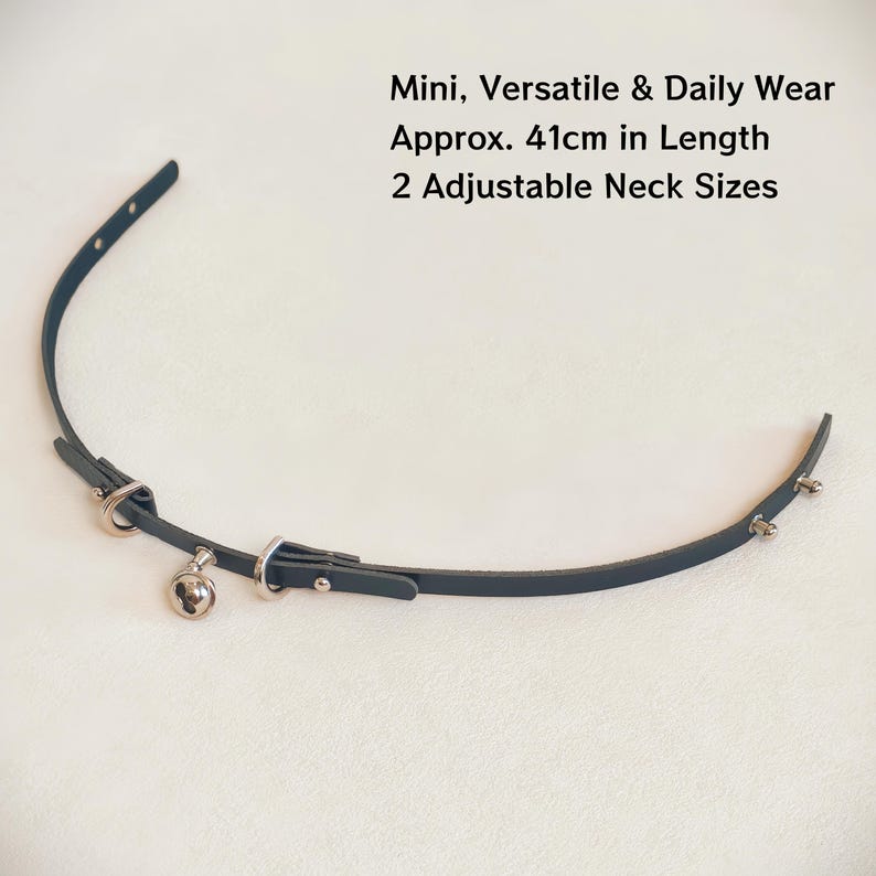 K&ouml;nnte beinhalten: Ein dunkelgraues Halsband mit einer kleinen silbernen Glocke, einem D-Ring und silberfarbenen Beschl&auml;gen. Der Text lautet: Mini, Versatile & Daily Wear, Approx. 41cm in Length, 2 Adjustable Neck Sizes. Das Halsband hat einen d&uuml;nnen Riemen mit zwei Nieten.