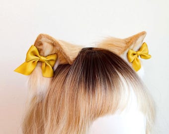 Handmade Gold Bow Tabby Cat Faux Fur Ears Tail Wig Choker Set Kemonomimi Cosplay Kawaii Gift Anime Halloween Fantasy Woodland Costume