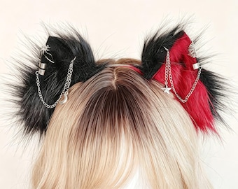 Black Red Faux Fur Demon Cat Ears Tail Wig Spider Choker Set Gothic Kemonomimi Halloween Cosplay Anime VTuber Fantasy Outfit Costume Set Rav