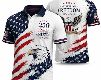 America 250 Golf Polo Shirt, Patriotic Eagle Polo, 1776 2026 Independence Day Golf Apparel