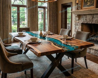May include: A handcrafted wooden dining table with a river-like epoxy resin inlay. The table features a natural wood edge, a blue resin river, and a black metal base. The table is surrounded by upholstered chairs in a dining room setting.
