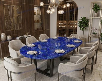 Mesa de comedor de lapislázuli azul, diseño de bordes redondeados, muebles de lujo a medida.