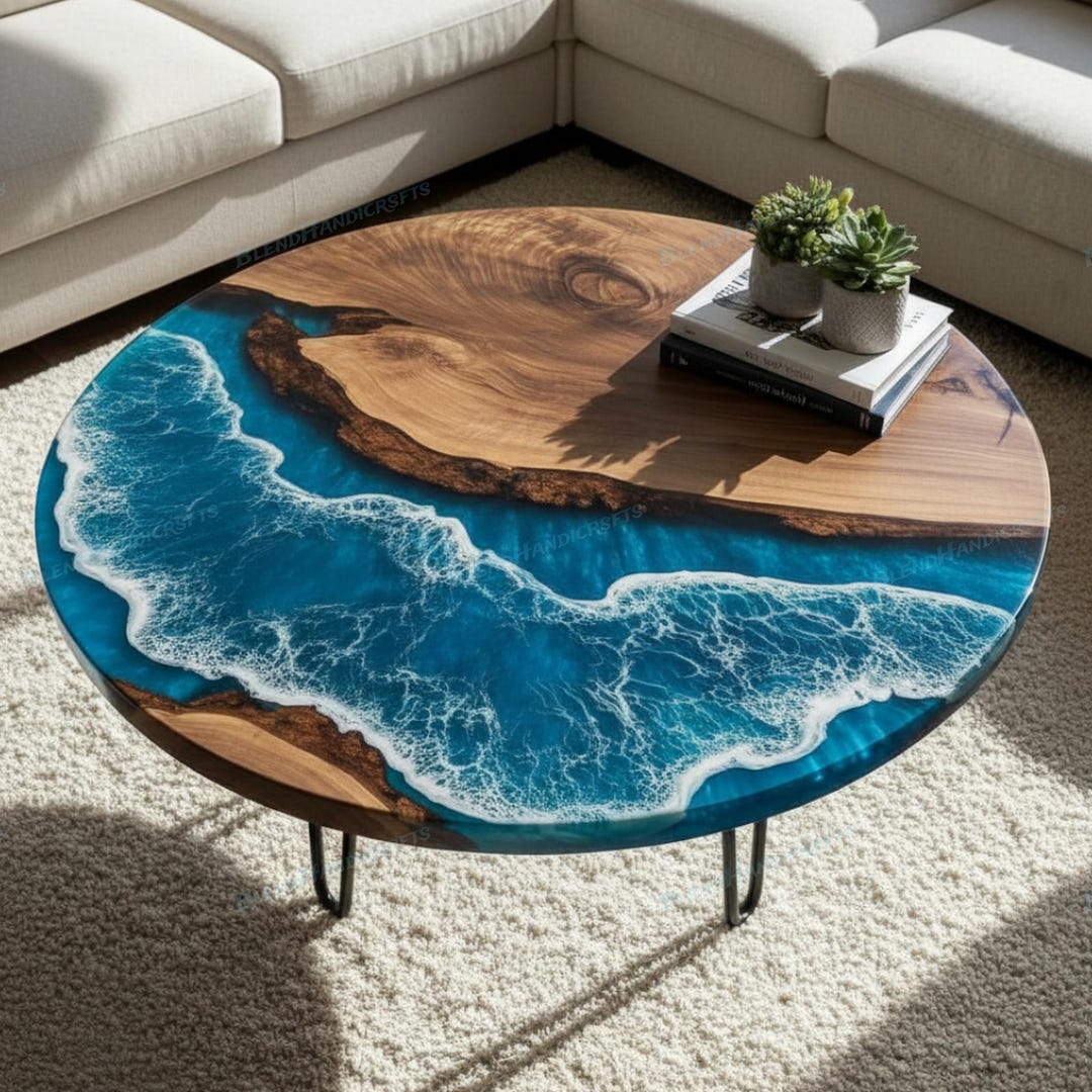 Luxury Ocean Wave Epoxy Round Table – Handmade Solid Wood, Made to ...