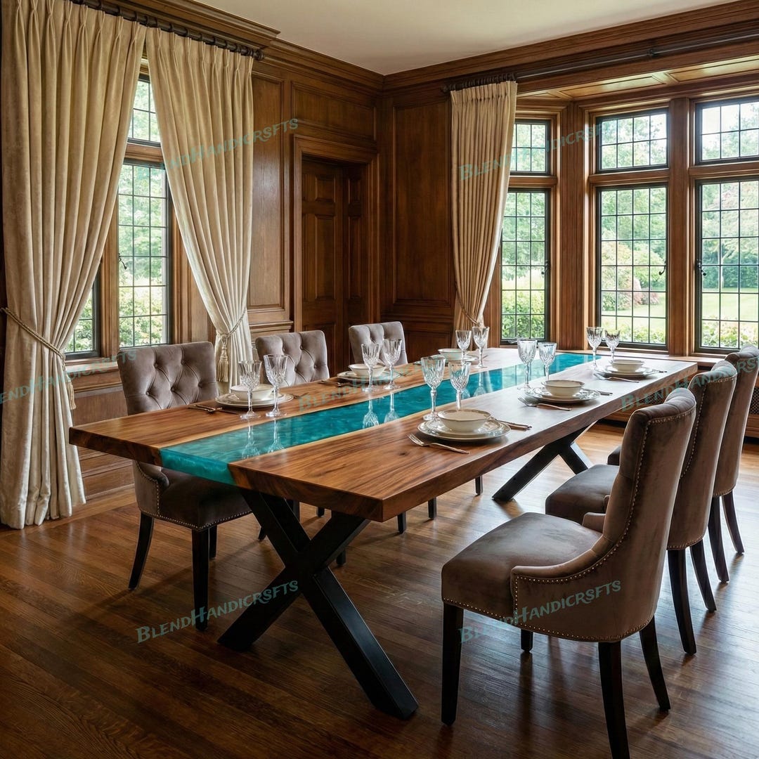 Luxury Teal Blue Epoxy Dining Table Handmade | Solid Wood River Table ...