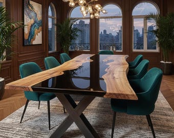 May include: A modern dining table with a live edge wood top and a black resin center. The table is supported by a dark metal base. Surrounding the table are six teal velvet chairs. The room has large windows and a city view.