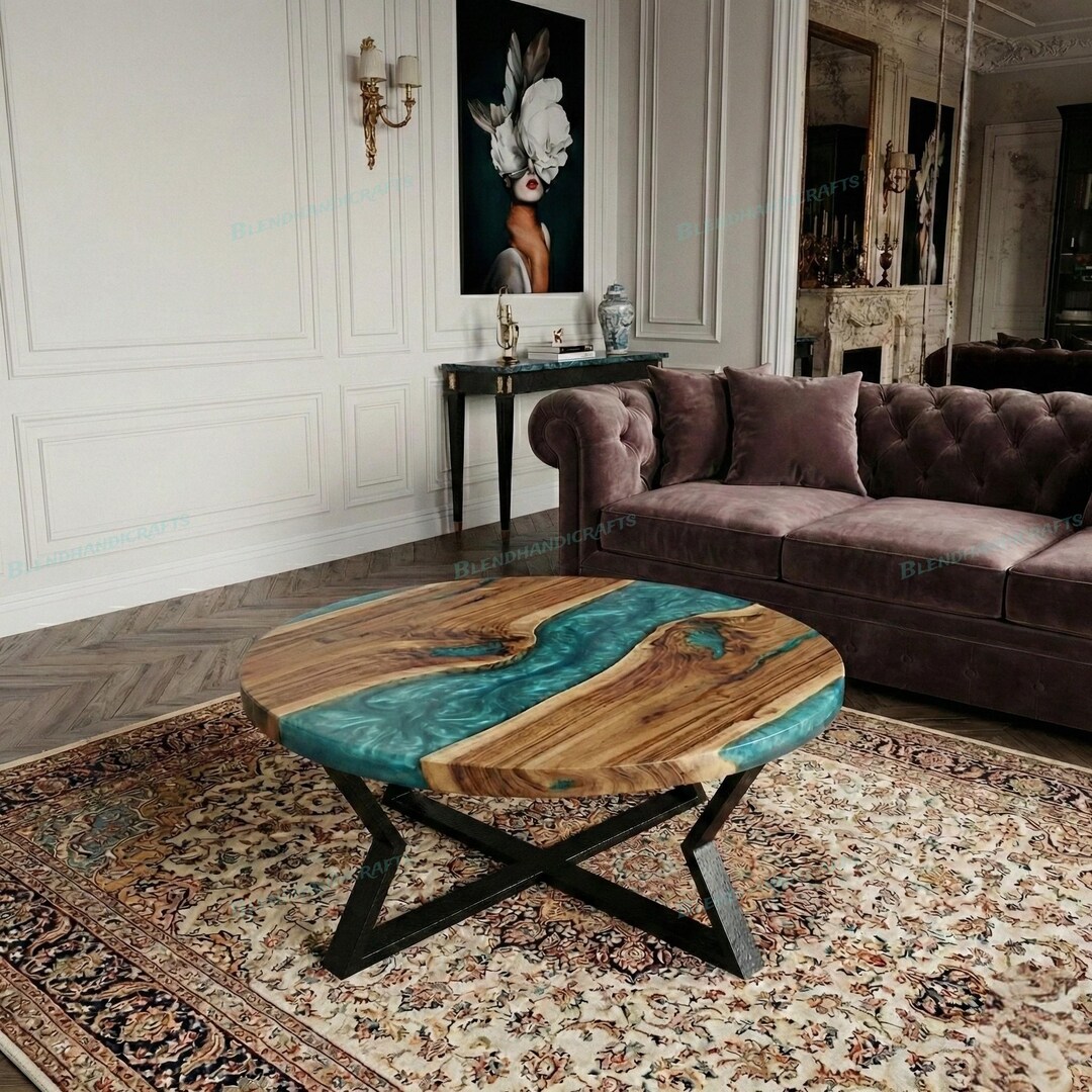 Emerald Green Resin Round Dining Table – Solid Wood Epoxy Coffee Table ...