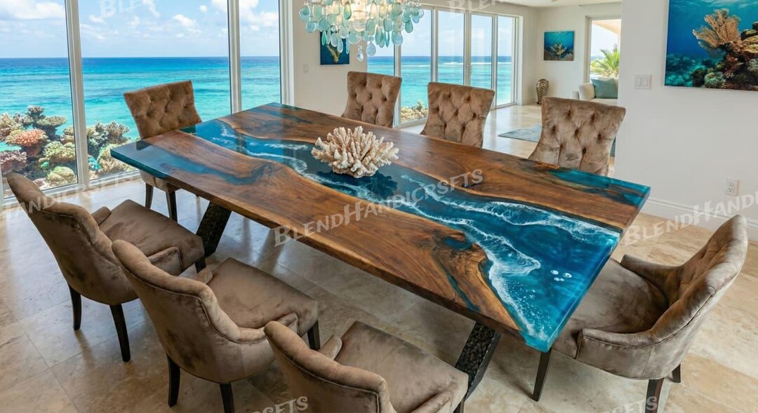 Custom Ocean Blue Epoxy River Table – Handcrafted Solid Wood Dining ...