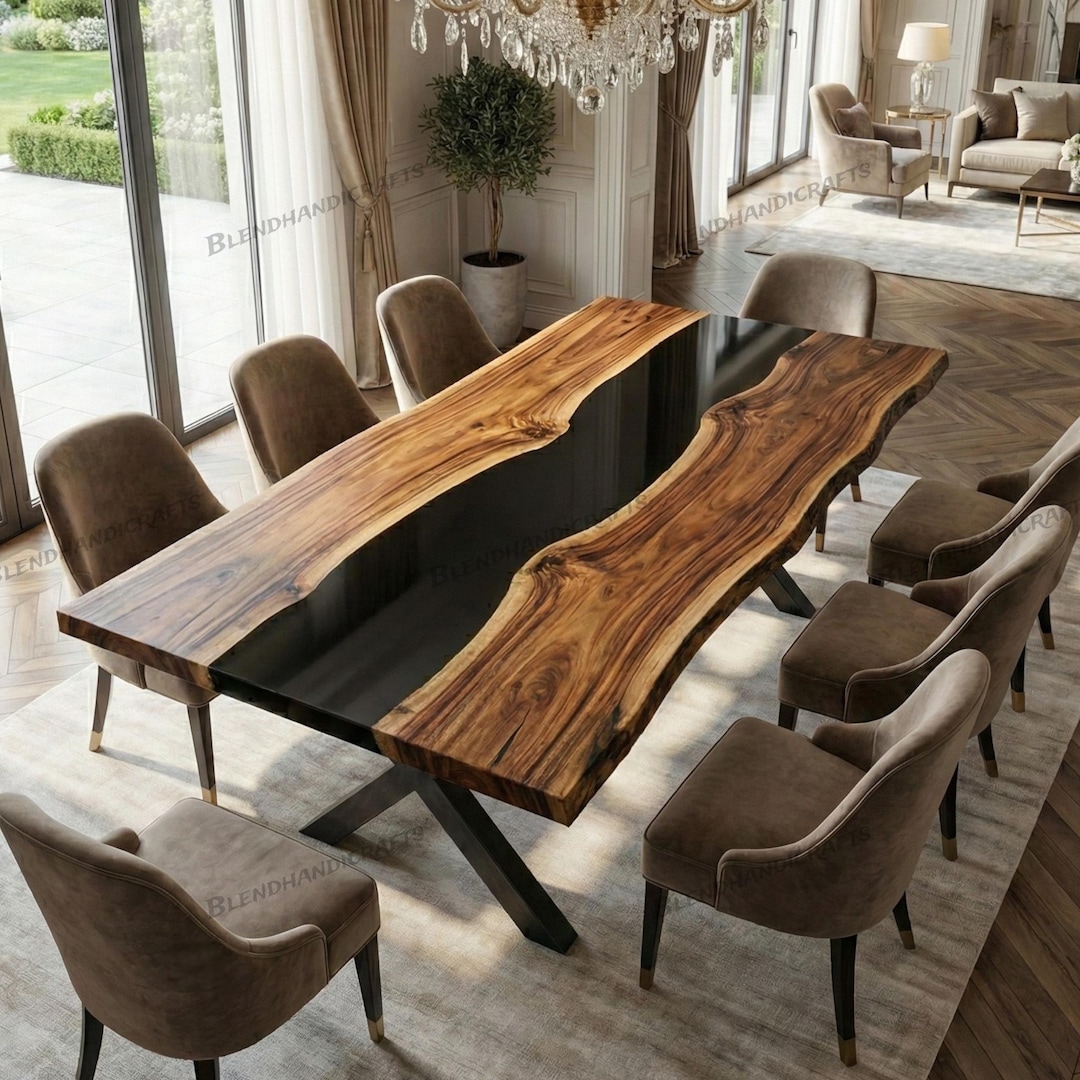 Live Edge Acacia Wood Black Epoxy Dining Table – Handmade Custom Made ...
