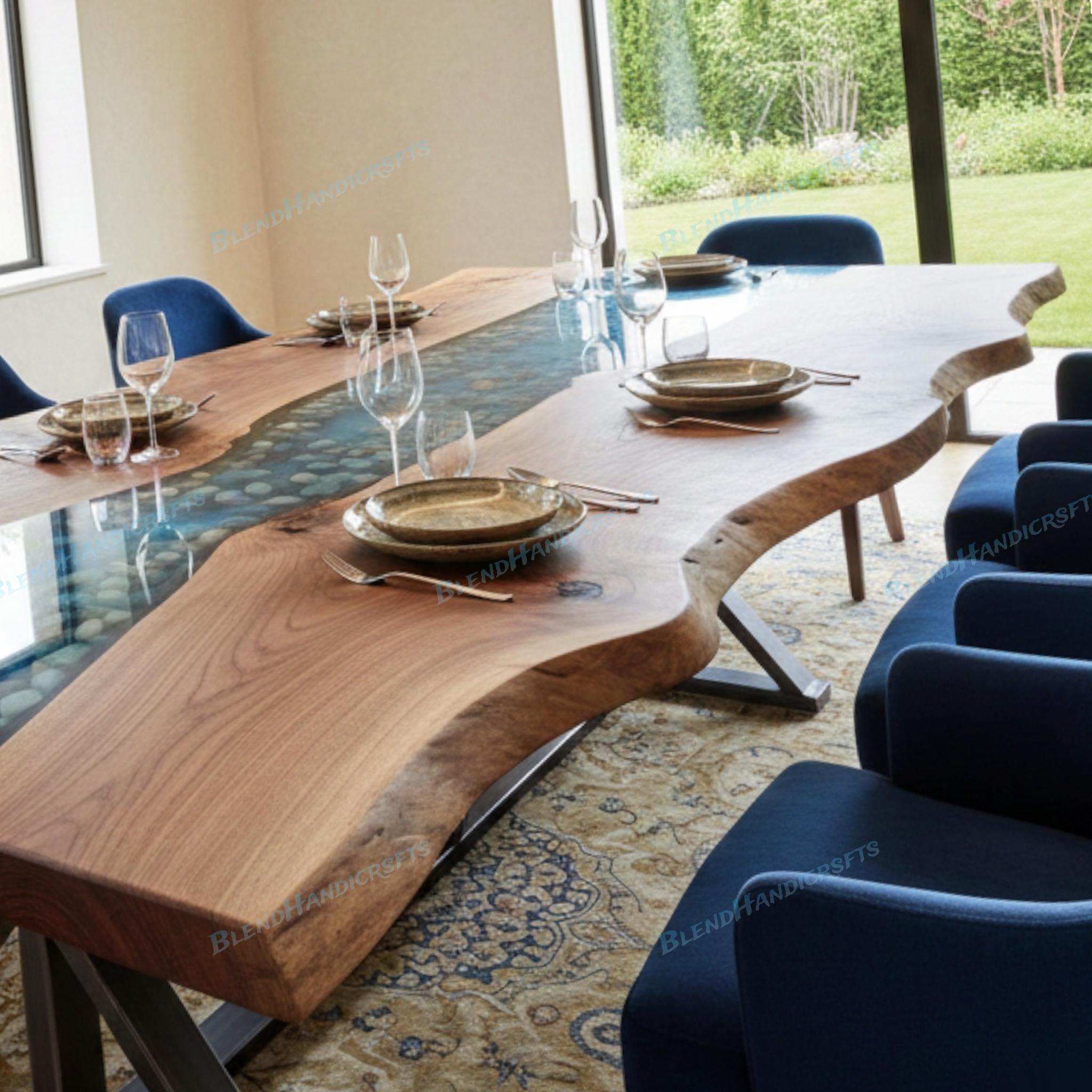Custom Made Luxury Translucent Blue Epoxy River Stone Dining Table ...