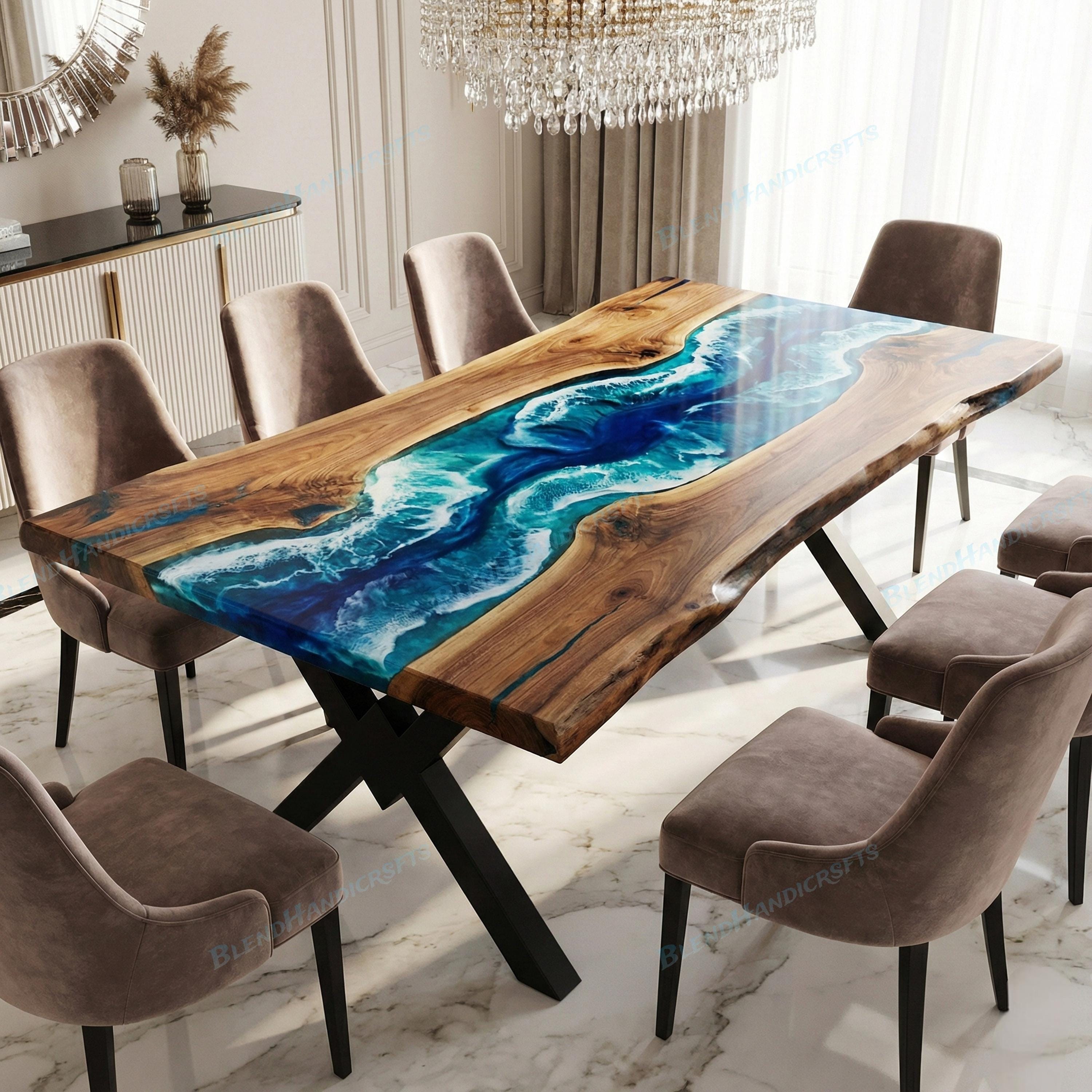 Custom Made Luxury Ocean Blue Epoxy Live Edge Dining Table in Natural ...