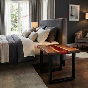 Luxury Red Epoxy Nightstand, Handmade Acacia Wood Bedside Table, Custom Made Furniture