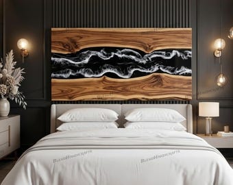 Cabecero de cama Black Epoxy River / Madera de acacia natural / Muebles de dormitorio de lujo hechos a mano