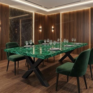 Tavolo da pranzo in malachite su misura, tavolo di lusso in pietra verde, mobile artigianale, realizzato su ordinazione.