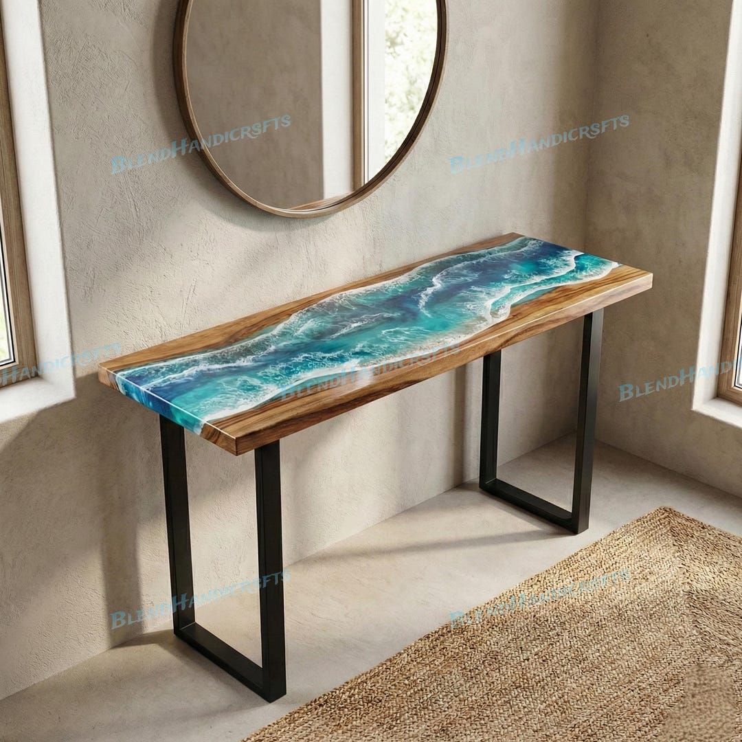 Handmade Luxury Ocean Blue Epoxy Console Table Acacia Wood Custom Made ...