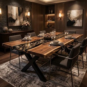 Table de salle à manger en époxy noir effet pierre de rivière, bois d'acacia à bords naturels, mobilier de salle à manger sur mesure