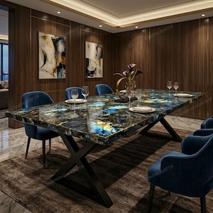 May include: A rectangular dining table with a dark, patterned surface, supported by black metal legs. The table is set with plates, glasses, and a floral centerpiece. Blue velvet chairs surround the table in a dining room setting.