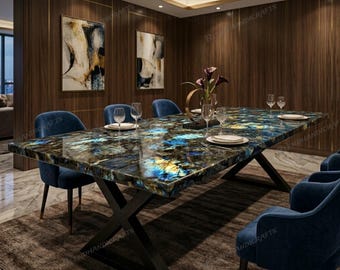 Labradorite Stone Dining Table, Natural Gemstone, Custom-Made Dining Furniture, Home Decor