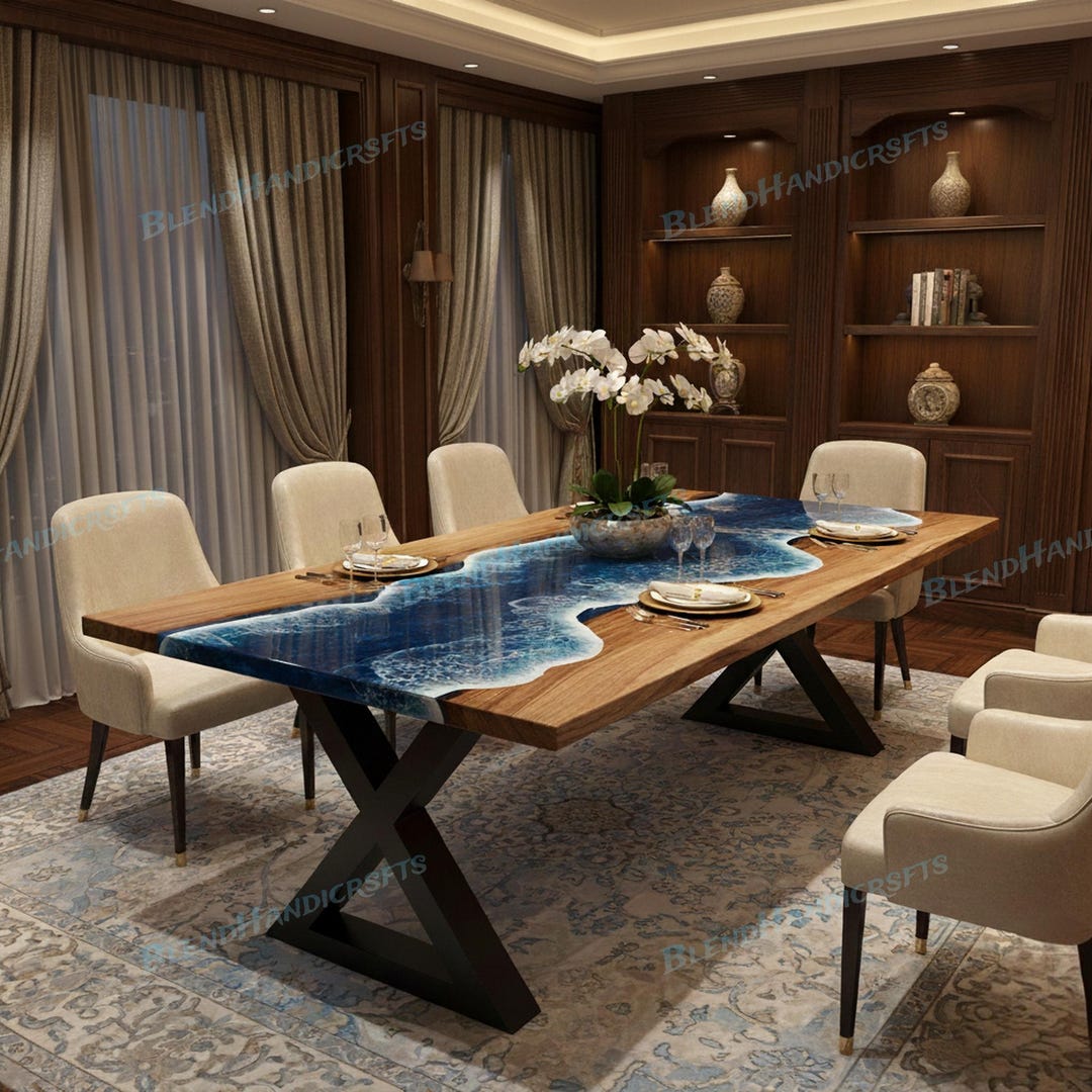 Luxury Ocean Blue Epoxy Dining Table | Natural Solid Wood | Custom Made ...