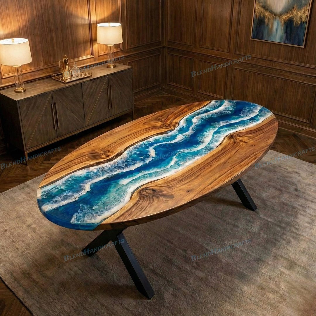 Ocean Wave Epoxy Oval Dining Table – Natural Acacia Wood River Table ...