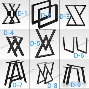May include: Nine different black metal table leg designs are displayed. The legs vary in shape, including X-shaped, square, and U-shaped designs. Each design is labeled with a "D" followed by a number, such as D-1, D-2, and D-3.