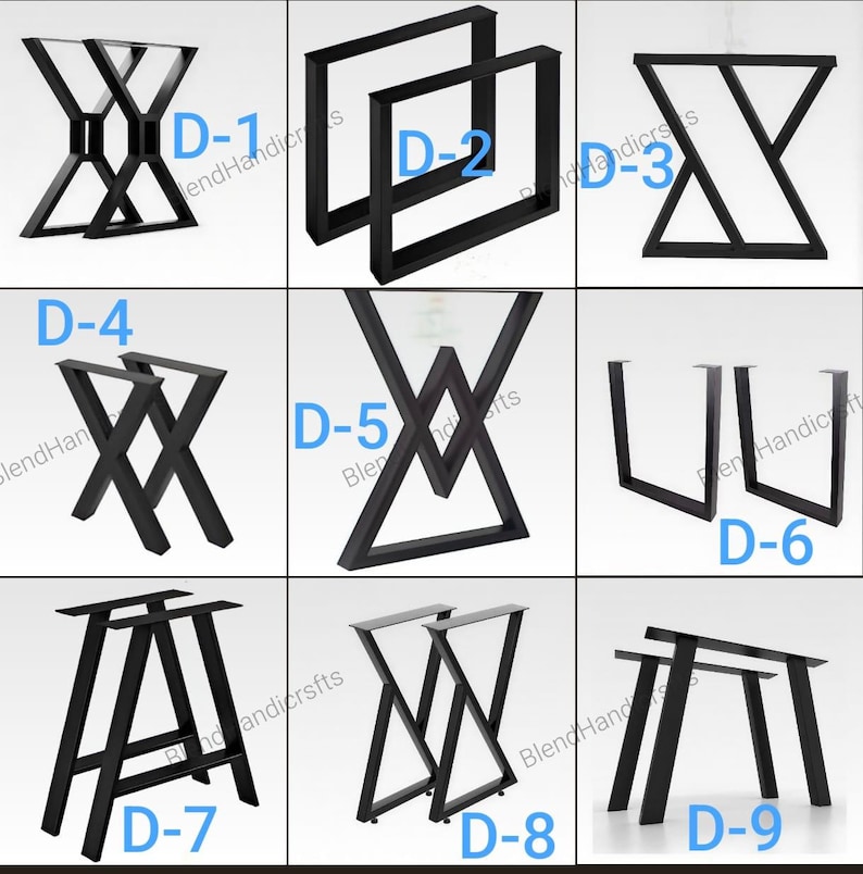 May include: Nine different black metal table leg designs are displayed. The legs vary in shape, including X-shaped, square, and U-shaped designs. Each design is labeled with a "D" followed by a number, such as D-1, D-2, and D-3.
