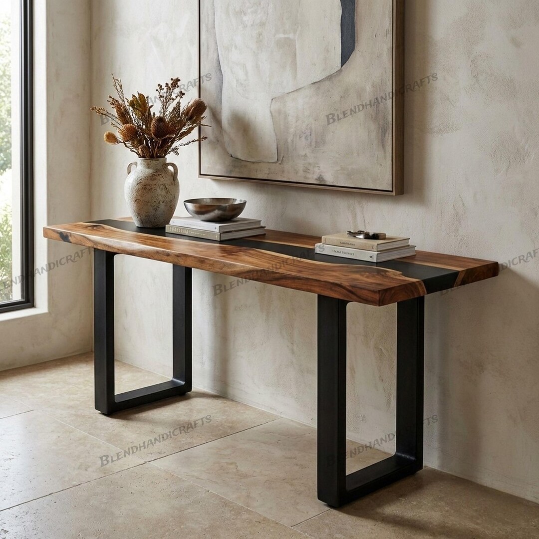Handmade Black Epoxy Console Table – Natural Acacia Wood Entryway Table ...