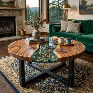 May include: A round wooden coffee table with a river-like design. The table features a clear resin center filled with small stones, framed by a natural wood border. It has a black metal base and is surrounded by a rug and green sofa.