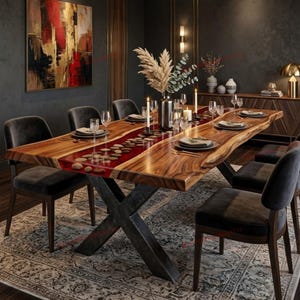 Table de salle à manger de luxe en époxy rouge effet pierre de rivière, bois d'acacia à bords naturels, mobilier de salle à manger sur mesure