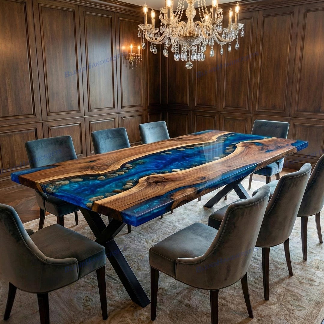 Luxury Blue Epoxy River Stone Dining Table – Natural Solid Wood ...