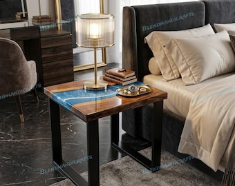 Mesa de cabeceira de luxo em epóxi azul oceano, mesa de cabeceira em madeira de acácia, móvel feito sob medida